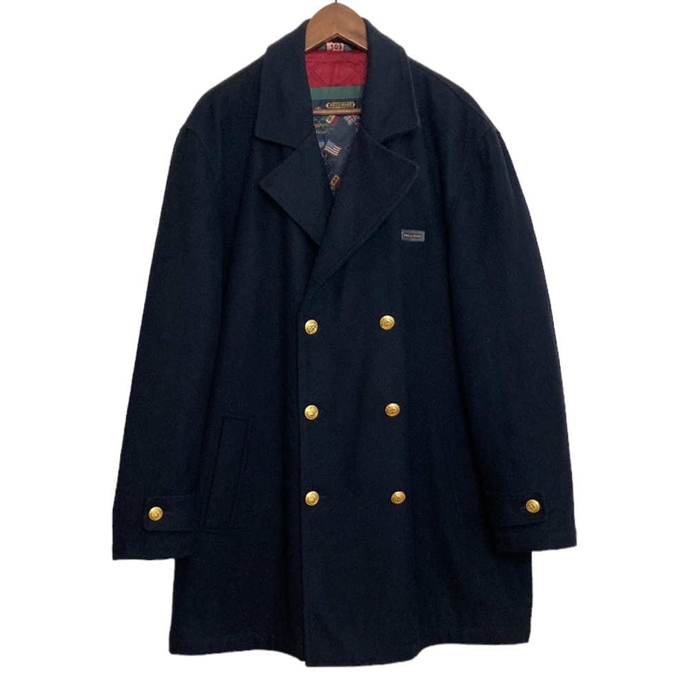Paul Shark Pea Coat Mens XL Black Wool Blend Gold Button Made in Italy